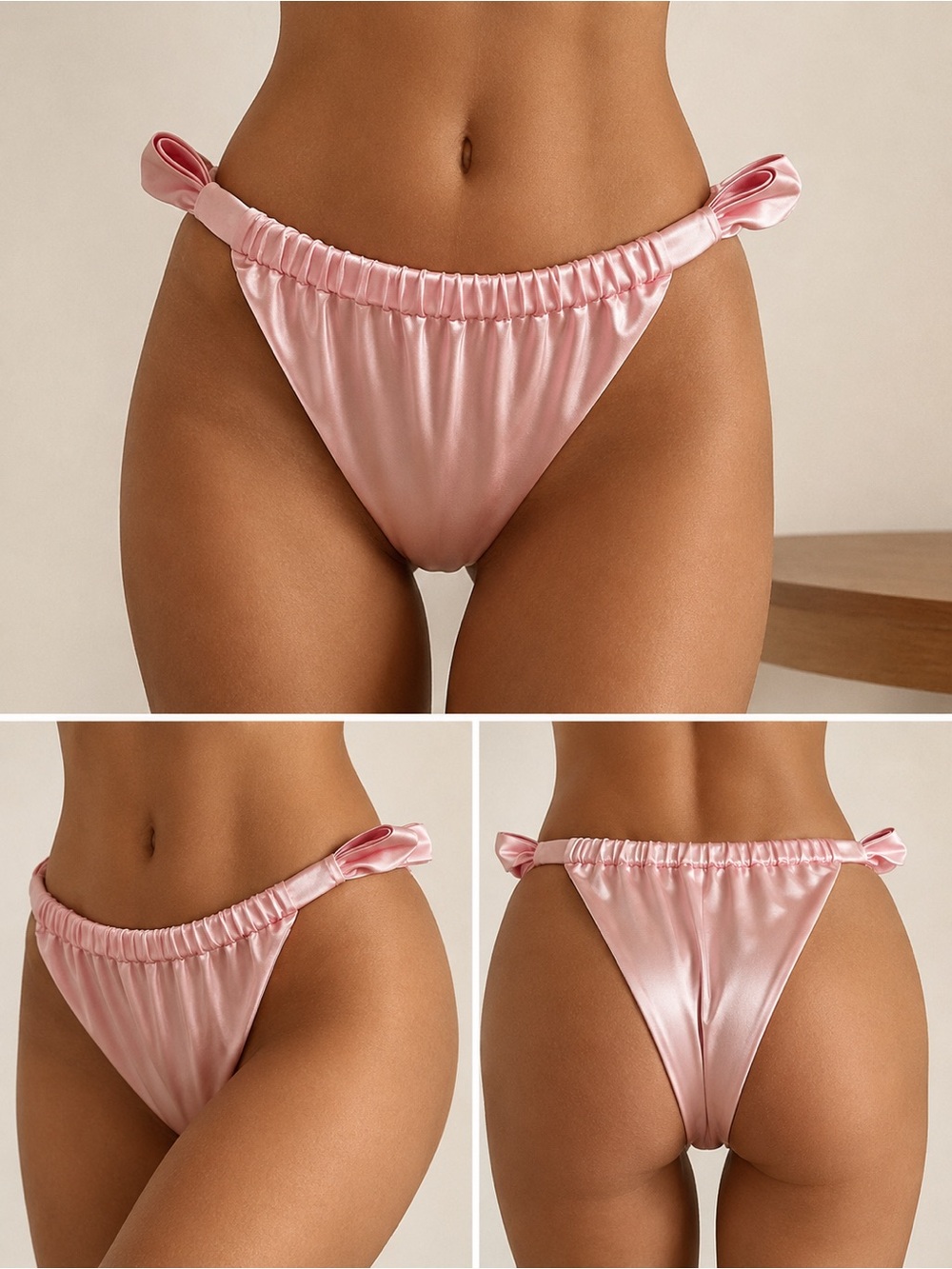 Divino Seas Soft Pink Satin Ruched High Cut Bikini Bottom NWT Size S